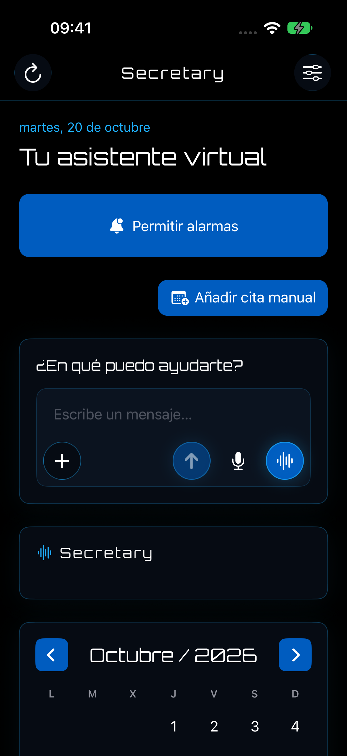 Vista de la aplicación Secretary con agenda y conversación